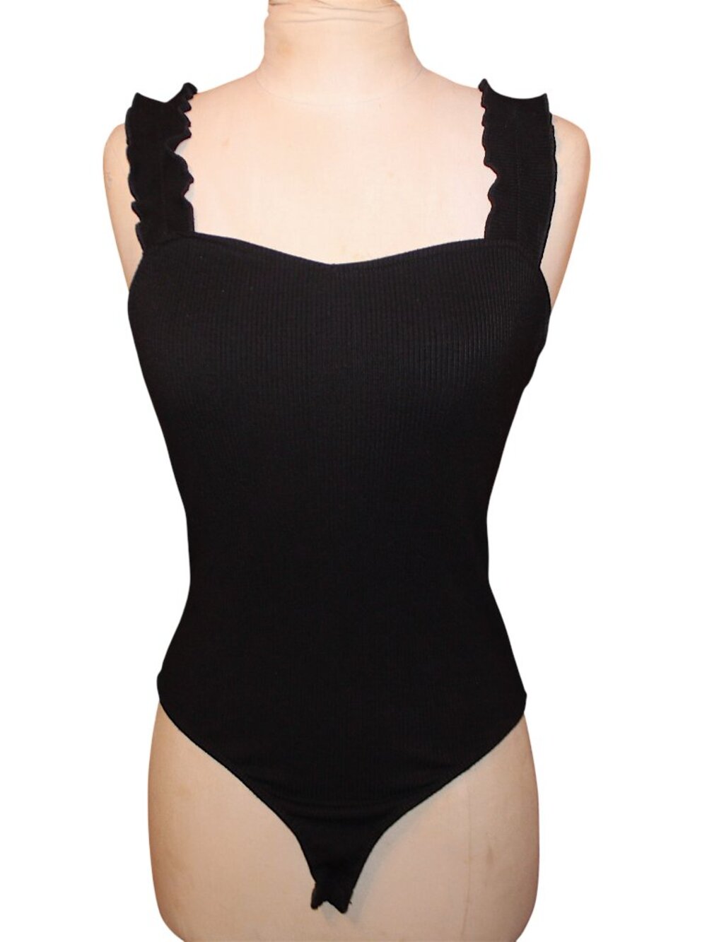 Alya Black Ribbed Ruffle Strap Thong Bodysuit L